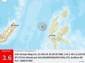 Gempa Terkini M 3,6 Guncang Halmahera Barat Maluku Utara, Berpusat di Laut