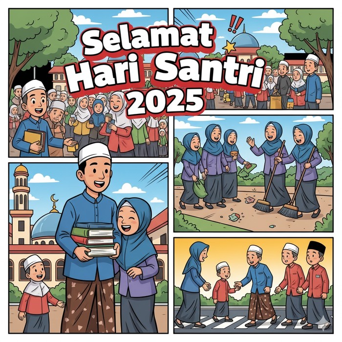 Ilustrasi poster Hari Santri 2025 (Seluruh gambar yang disajikan dalam artikel ini bukanlah visual asli, melainkan kreasi visual yang sepenuhnya dihasilkan oleh kecerdasan buatan Gemini AI).