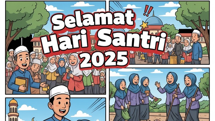 Ilustrasi poster Hari Santri 2025 (Seluruh gambar yang disajikan dalam artikel ini bukanlah visual asli, melainkan kreasi visual yang sepenuhnya dihasilkan oleh kecerdasan buatan Gemini AI).