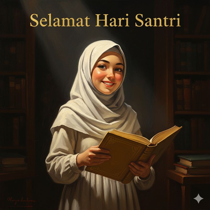 Ilustrasi poster Hari Santri 2025 (Seluruh gambar yang disajikan dalam artikel ini bukanlah visual asli, melainkan kreasi visual yang sepenuhnya dihasilkan oleh kecerdasan buatan Gemini AI).