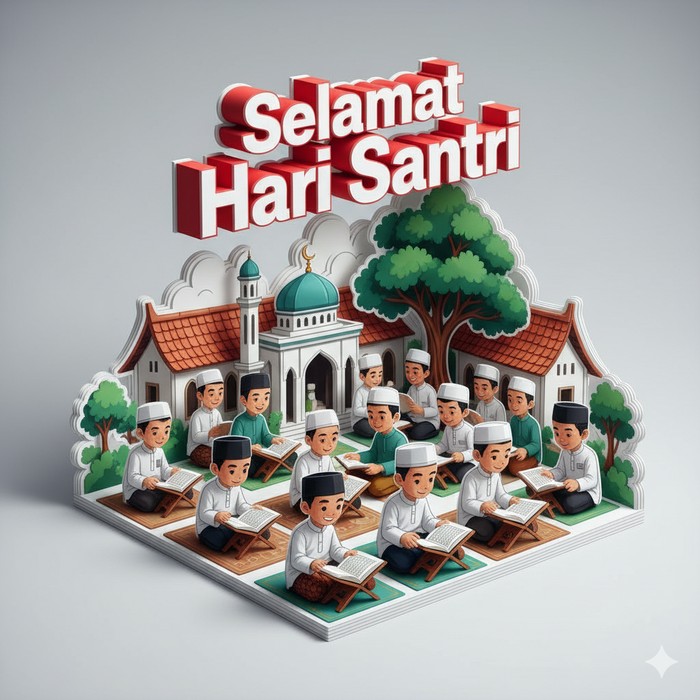 Poster Hari Santri 2025 Ilustrasi poster Hari Santri 2025 (Seluruh gambar yang disajikan dalam artikel ini bukanlah visual asli, melainkan kreasi visual yang sepenuhnya dihasilkan oleh kecerdasan buatan Gemini AI).