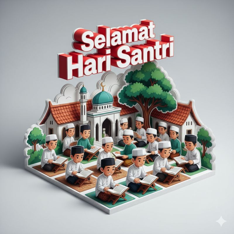 Ilustrasi poster Hari Santri 2025 (Seluruh gambar yang disajikan dalam artikel ini bukanlah visual asli, melainkan kreasi visual yang sepenuhnya dihasilkan oleh kecerdasan buatan Gemini AI).