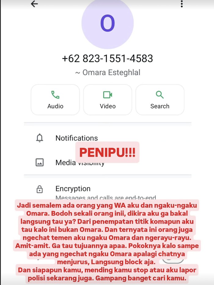 Chat WA oknum ngaku Omara Esteghlal ke Prilly Latuconsina.