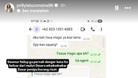 Namun, isi chat selanjutnya mulai mengarah ke hal-hal yang gak senonoh. Semur hidup gak pernah dengar kata itu keluar dari mulut Omara wkwkwkwkwkw. Dasar penipu kurang riset, tulis Prilly membeberkan isi chat oknum tersebut. Foto: Instagram Story @prillylatuconsina96