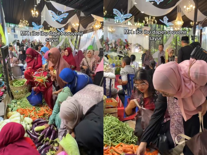 Pengantin ini memberikan souvenir berupa aneka sayuran segar yang bebas ambil untuk tamu undangan. Suasana pernikahan di Surabaya, Jawa Timur itu langsung membanjiri kolom komentar.