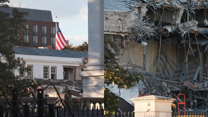 Pembongkaran Berlanjut di Sayap Timur Gedung Putih, AS Bangun Aula Dansa Baru Aktivitas pembongkaran terus berlangsung di Sayap Timur Gedung Putih, Washington, D.C., Amerika Serikat, pada Selasa (21/10/2025). Sejumlah pekerja tampak sibuk membongkar bagian fasad bangunan bersejarah itu sebagai bagian dari proyek pembangunan aula dansa baru yang diusulkan oleh Presiden AS Donald Trump. REUTERS/Jonathan Ernst