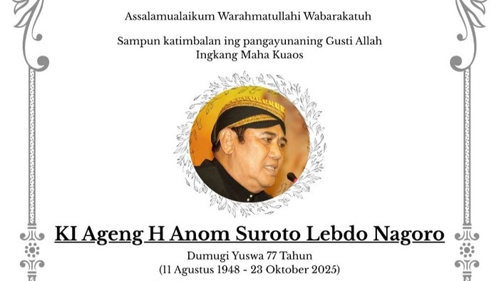 Pengumuman kabar duka meninggalnya dalang kondang Ki Anom Suroto. Foto diunggah Kamis (23/10/2025).
