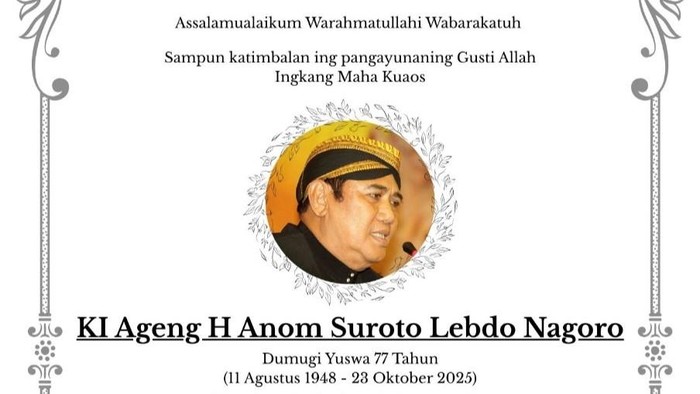 Pengumuman kabar duka meninggalnya dalang kondang Ki Anom Suroto. Foto diunggah Kamis (23/10/2025).