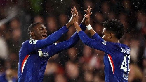 LONDON, ENGLAND - OCTOBER 22: Moises Caicedo of Chelsea celebrates the second goal with Estevao Willian during the UEFA Champions League 2025/26 League Phase MD3 match between Chelsea FC and AFC Ajax at Stamford Bridge on October 22, 2025 in London, England. (Photo by Jacques Feeney/Offside/Offside via Getty Images)
