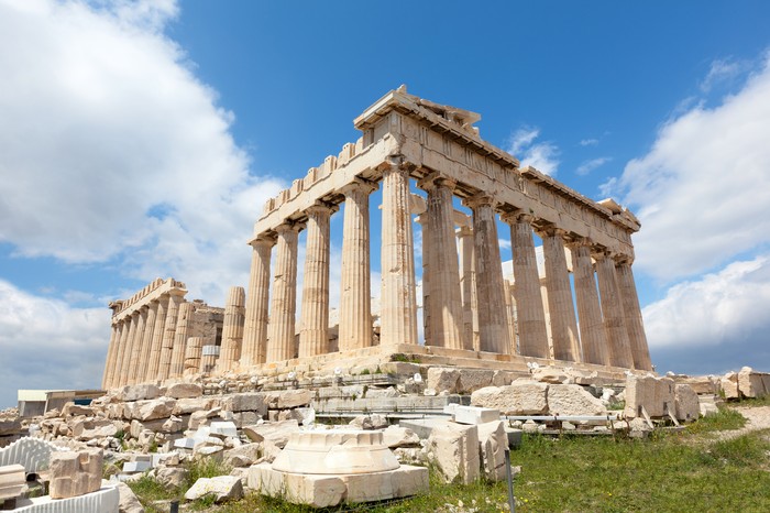 Ruins of the Temple Parthenon at the Acropolis, with the crane and scaffolds constantly in use for restoration work digitaly removed! Greece.