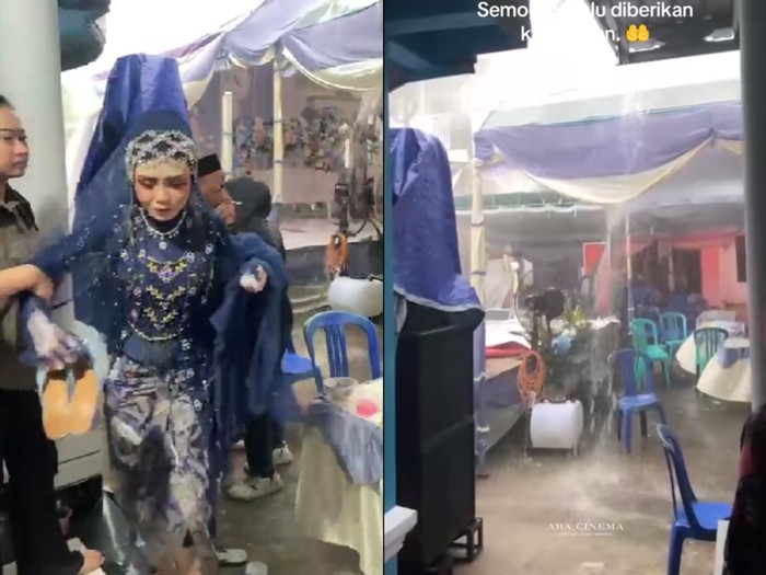 Pernikahan viral diterjang hujan deras dan angin kencang. Dekorasi rusak, area resepsi banjir, pengantin wanita dievakuasi basah kuyup. Unggahan suasana pernikahan di Sukolilo, Pati, Jawa Tengah, itu langsung viral.