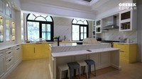 Sementara untuk memasuki dapur utamanya, ada pintu penghubung. Desain dapur utamanya dibuat mewah elegan dengan sentuyan marmer dan warna kuning. Foto: YouTube/AH