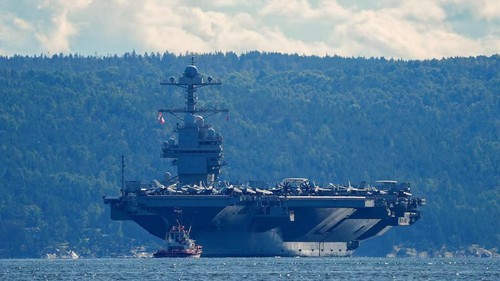 The worlds largest warship, U.S. aircraft carrier USS Gerald R. Ford is seen in this file photo, on its way out of the Oslofjord at Nesodden and Bygdoy, Norway, September 17, 2025. NTB/Lise Aserud via REUTERS/File Photo Purchase Licensing Rights