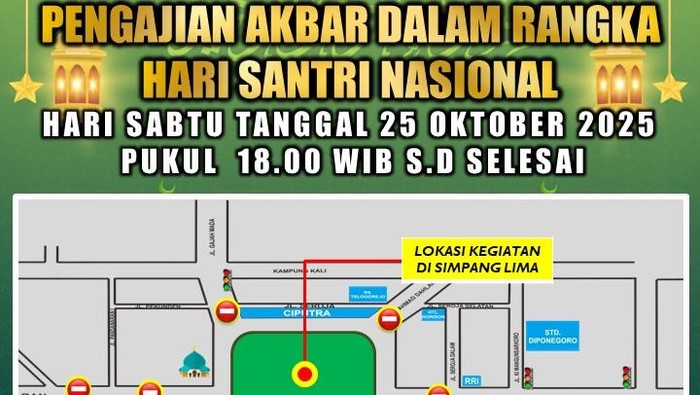 Pengalihan arus lalu lintas di Simpang Lima Semarang dalam rangka Pengajian Akbar Hari Santri Nasional 2025, Sabtu (25/10/2025). Pengalihan arus lalu lintas di Simpang Lima Semarang dalam rangka Pengajian Akbar Hari Santri Nasional 2025, Sabtu (25/10/2025).