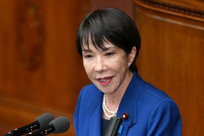Japans Prime Minister Sanae Takaichi delivers a speech at the House of Representatives plenary session in Tokyo on October 24, 2025. Japans new prime minister Sanae Takaichi said on October 24 she would try to achieve the countrys target of spending two percent of GDP on defence two years early. (Photo by Kazuhiro NOGI / AFP)