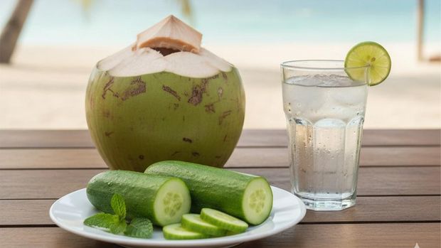 Air kelapa dan timun berkhasiat untuk membersihkan ginjal. Air kelapa dan timun berkhasiat untuk membersihkan ginjal. (Foto: Gemini AI)