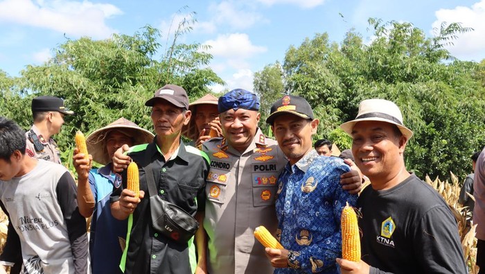 Condro Sasongko Kapolres Serang AKBP Condro Sasongko bersama kelompok tani binaan menyalurkan 112,17 ton jagung pipil kering (JPK) ke Perum Bulog.