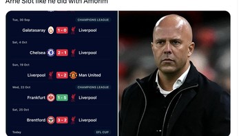 Akun ini berpendapat Arne Slot patut dipecat. Legenda Liverpool Jamie Carragher, harus menyuarakanya seperti yang pernah ia lakukan pada Ruben Amorim. Foto: X.com