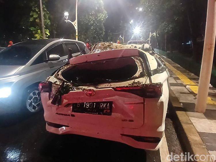 Penampakan Mobil Ringsek Tertimpa Pohon di Dharmawangsa Jaksel