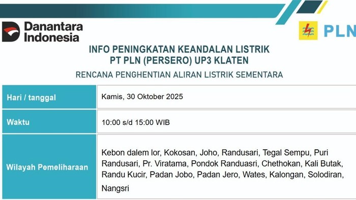 Pengumuman penghentian aliran listrik sementara di Klaten, Kamis (30/10/2025).
