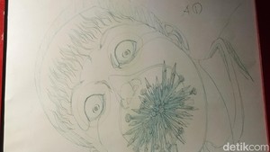 Lihat goresan sketsa satu ini yang ngegambarin Soichi Tsujii. Dia dikenal sebagai karakter eksentrik dengan paku di mulutnya yang gemar mengutuk orang lain. Foto: Tia Agnes/ detikcom