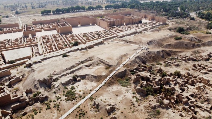 A drone view shows the ancient city of Babylon, a UNESCO World Heritage site, in Babylon, Iraq, October 22, 2025. Experts warn that rising soil salinity and past restoration errors are threatening the preservation of Iraq’s archaeological sites. REUTERS/Ahmed Saad