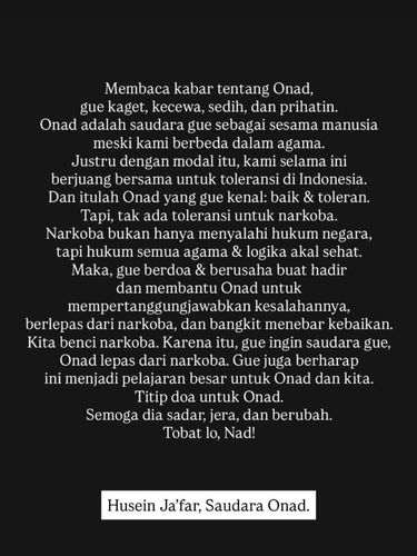 Habib Husein bin Ja'far Al Hadar Habib Husein bin Ja'far Al Hadar buka suara dengar Onadio Leonardo ditangkap karena narkoba.