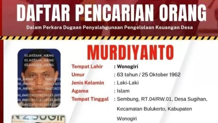 Kades Sugihan, Bulukerto, Wonogiri, Murdiyanto ditetapkan sebagai buron kejaksaan. Foto diunggah Jumat (31/10/2025). Kades Sugihan, Bulukerto, Wonogiri, Murdiyanto ditetapkan sebagai buron kejaksaan. Foto diunggah Jumat (31/10/2025).
