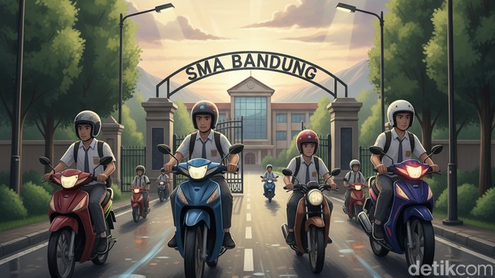 Ilustrasi pelajar naik sepeda motor.