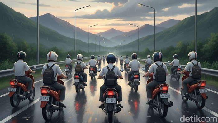 Ilustrasi pelajar naik sepeda motor.