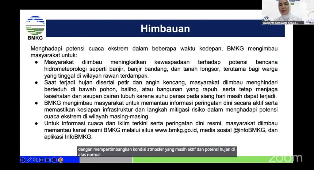 Materi paparan Kepala BMKG, Dwikorita Karnawati dalam konferensi pers Kesiapsiagaan Hadapi Puncak Musim Hujan 2025/2026 pada Sabtu (1/11/2025). (Tangkapan Layar Youtube/Info BMKG)