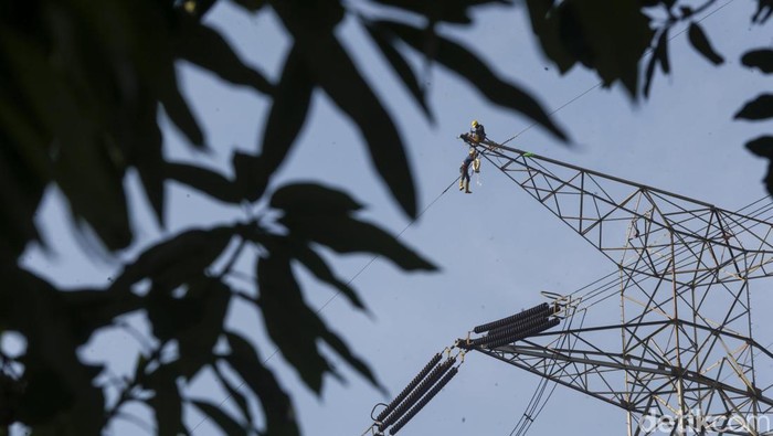 Petugas tengah melakukan perawatan Menara SUTET (Saluran Udara Tegangan Ekstra Tinggi) di kawasan Tangerang Selatan, Sabtu (1/11/2025).
