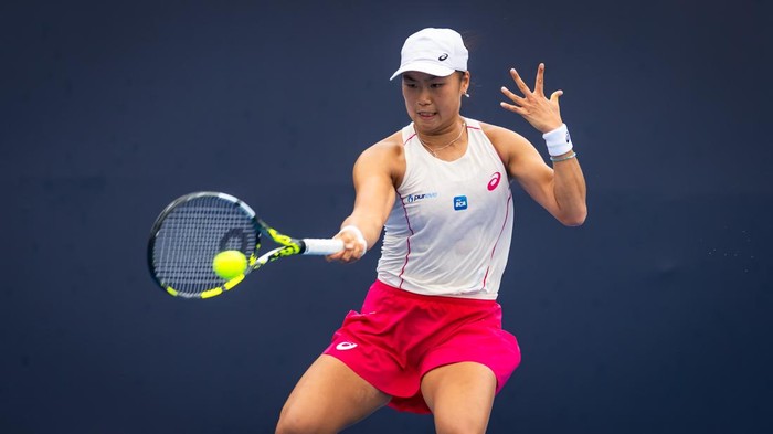 BEIJING, CHINA - SEPTEMBER 23: Janice Tjen of Indonesia in action against Viktoriya Tomova of Bulgaria in the second qualifications round on Day 2 of the China Open at National Tennis Center on September 23, 2025 in Beijing, China (Photo by Robert Prange/Getty Images)