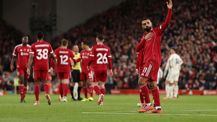 LIVERPOOL, ENGLAND - NOVEMBER 01: (THE SUN OUT, THE SUN ON SUNDAY OUT) Mohamed Salah of Liverpool celebrates scoring his teams first goal during the Premier League match between Liverpool and Aston Villa at Anfield on November 01, 2025 in Liverpool, England. (Photo by Liverpool FC/Liverpool FC via Getty Images)