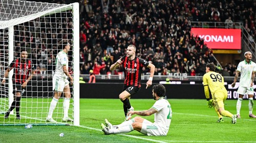 Strahinja Pavlovic of AC Milan celebrates after a goal during the Italian Serie A football match between AC Milan and AS Roma at Giuseppe Meazza San Siro Stadium in Milan, Italy, on November 2, 2025 (Photo by Tiziano Ballabio/NurPhoto via Getty Images).