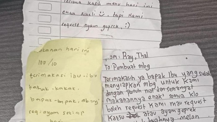 Secarik kertas dari siswa penerima MBG di Pangkalpinang dan meminta request menu