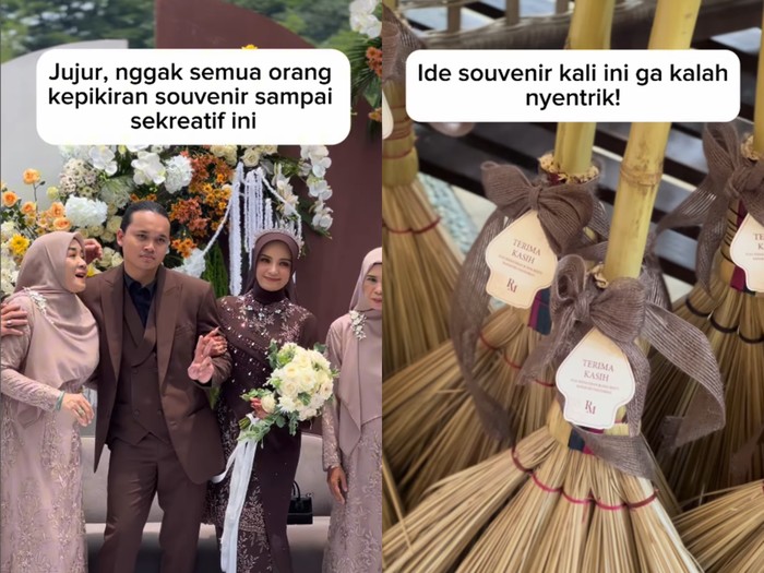 Suasana pernikahan ini mencuri atensi warganet, pasalnya pengantin memberikan souvenir unik berupa sapu lidi dan cobek untuk para tamu undangan. Unggahan tersebut langsung viral.