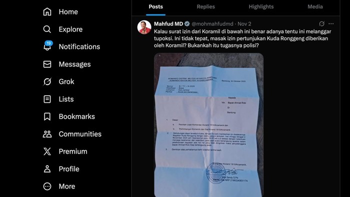 Viral Mahfud Md pertanyakan surat izin keramaian yang dikeluarkan TNI