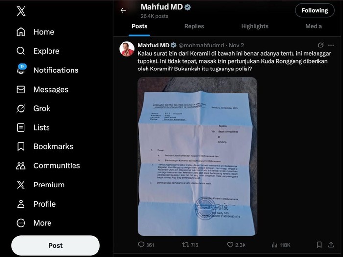 Viral Mahfud Md pertanyakan surat izin keramaian yang dikeluarkan TNI