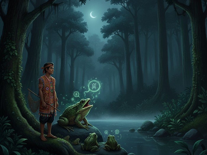 Ilustrasi cerita rakyat Sangumang saat bersama kodok di danau angker.