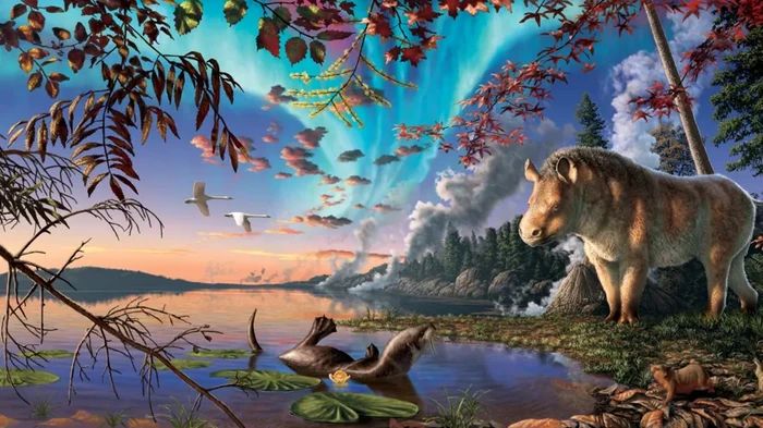 Ilustrasi perkiraan wujud badak purba yang hidup di Kutub Utara pada 23 juta tahun yang lalu.