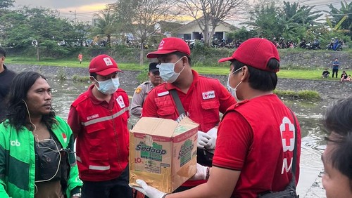 Petugas PMI Denpasar mengevakuasi jasad bayi terbungkus kardus, Selasa (4/11/2025). (Dok PMI Denpasar).