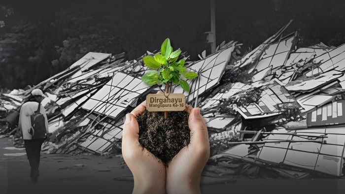 Ilustrasi gerakan cinta hijau, mengganti karangan bunga dengan bibit pohon sambut HUT Mangupura ke-16. (Kominfo Badung)