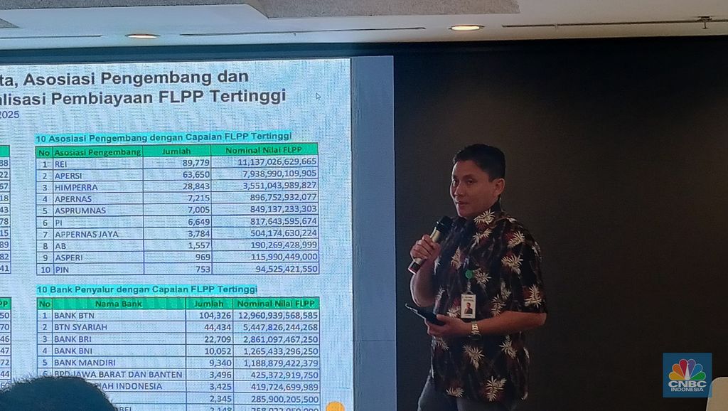 Komisioner BP Tapera, Heru Pudyo Nugroho dalam konferensi pers di Menara Mandiri II, Selasa (4/11/2025). (CNBC Indonesia/Ferry Sandi)