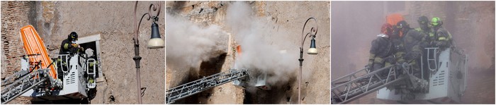 A combination picture shows a firefighter throwing a piece of rubble (left), dust rising as a part of the Torre dei Conti tower collapses (middle), and firefighters covered in dust (right), as emergency services work at the scene after parts of the Torre dei Conti tower collapsed near Via dei Fori Imperiali, near the Colosseum, in Rome, Italy, November 3, 2025. REUTERS/Remo Casilli