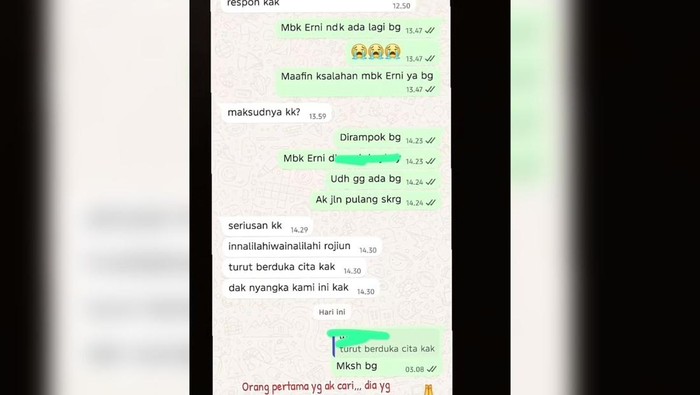 Dokumen tangkap layar pesan WhatsApp adik EY ke Bripda Waldi, tersangka pembunuhan EY