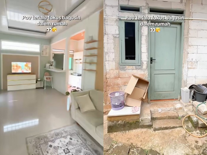 Suasana penampakan depan rumah dinding batako unfinished, begitu masuk ke dalam rumah sukses membuat warganet takjub. Postingan tersebut langsung viral di media sosial.