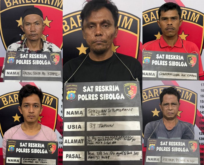 Tampang kelima pelaku penganiayaan pemuda di Masjid Agung Sibolga. (Foto: dok. Polres Sibolga)