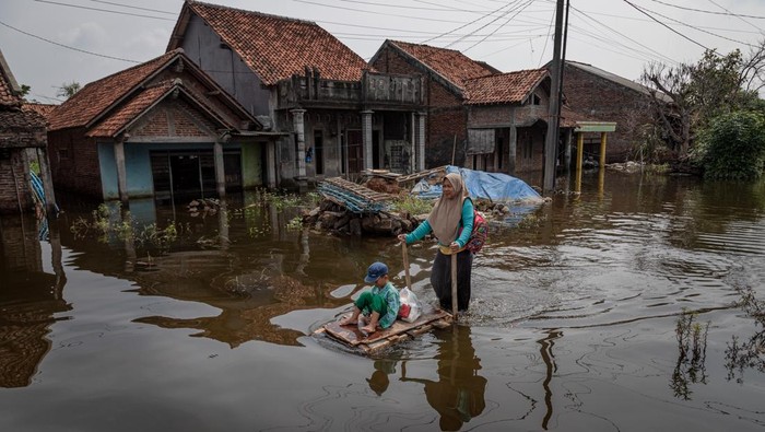 Foto udara kondisi banjir yang menggenangi permukiman warga di Desa Sayung, Kecamatan Sayung, Kabupaten Demak, Jawa Tengah, Rabu (5/11/2025). Banjir dampak dari curah hujan tinggi di wilayah itu diperparah dengan kondisi geografis di kawasan hilir sungai dan daerah cekung, sehingga menyebabkan tujuh dari delapan dusun di desa tersebut tergenang banjir bervariasi setinggi sekitar 10-75 sentimeter sejak Rabu (22/10). ANTARA FOTO/Aji Styawan/nym.