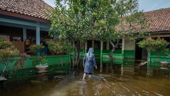 Seorang guru memeriksa kondisi lingkungan sekolah yang tergenang banjir di SDN 1 Sayung, Desa Sayung, Kecamatan Sayung, Demak, Jawa Tengah, Rabu (5/11/2025). Kegiatan belajar mengajar di sekolah itu terpaksa dipindahkan sementara ke Kantor Balai Desa Sayung dan dua rumah warga, karena pada Senin (3/11) banjir akibat curah hujan tinggi yang terakumulasi sejak Rabu (10/10) menggenangi seluruh ruang kelas sehingga menyebabkan aktivitas kegiatan belajar mengajar terganggu. ANTARA FOTO/Aji Styawan/tom.